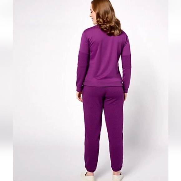 MUK LUKS Quilted French Terry Jogger w/ Crew Lounge Set Wine Large A612525 - Picture 2 of 4